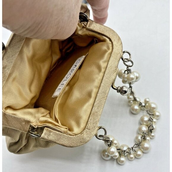 Carolee Mini Handbag Gold Satin Beaded Handle Evening Clutch Kiss Lock Purse - Picture 10 of 16